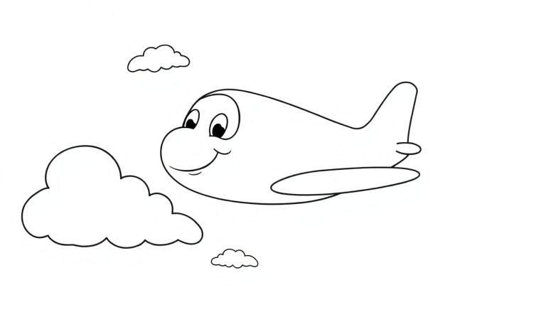 Placa de color: avión de dibujos animados sonriente volando entre nubes.