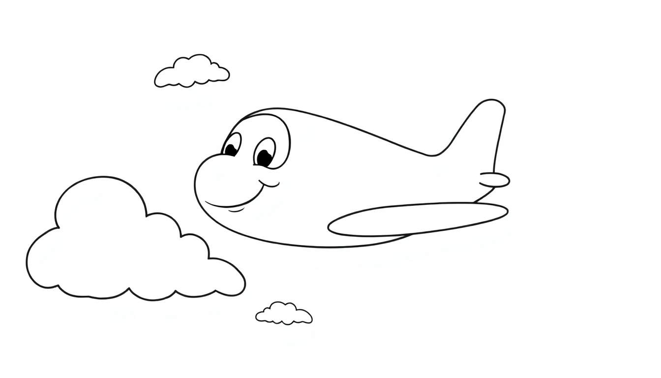 Placa de color: avión de dibujos animados sonriente volando entre nubes.
