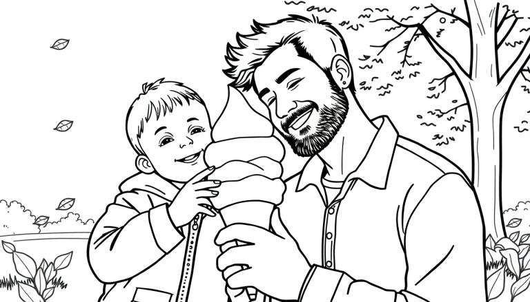 Placa de color de un padre y su hijo compartiendo un helado.