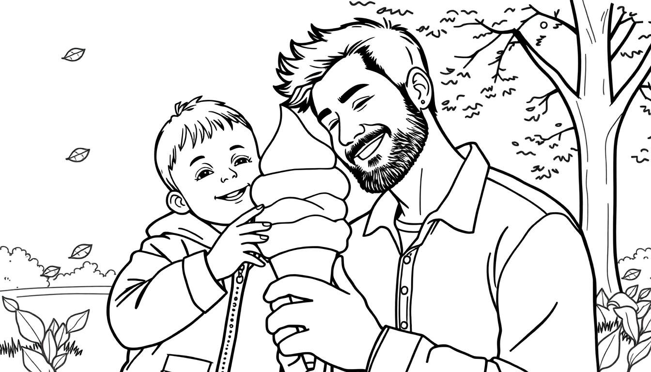 Placa de color de un padre y su hijo compartiendo un helado.