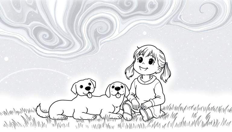Placa de color de una niña sentada en la hierba con dos perros, mirando el cielo abstracto.