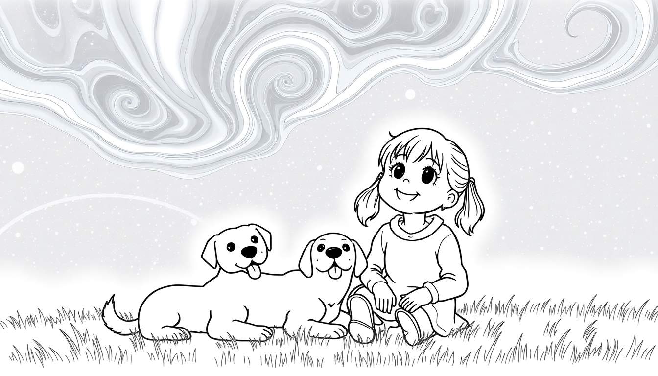 Placa de color de una niña sentada en la hierba con dos perros, mirando el cielo abstracto.