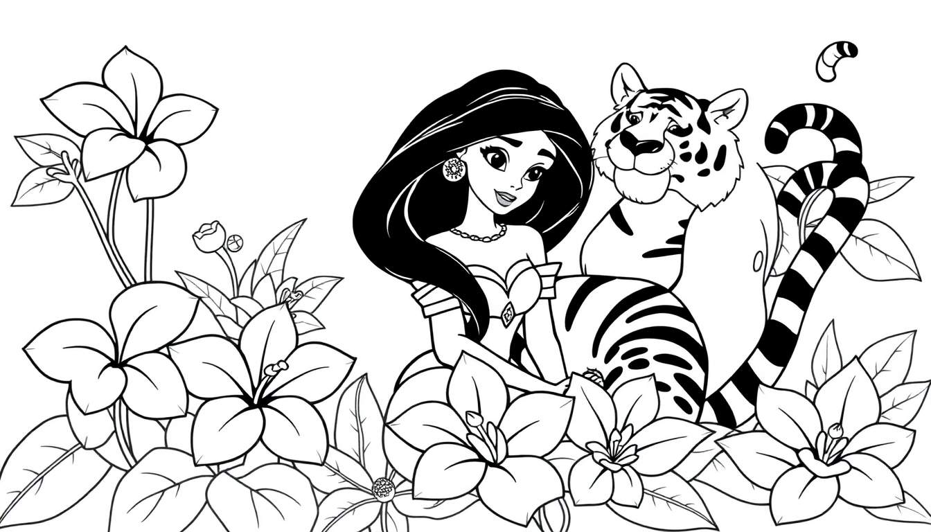 Placa de color de la Princesa Jasmine y Rajah rodeados de flores tropicales.