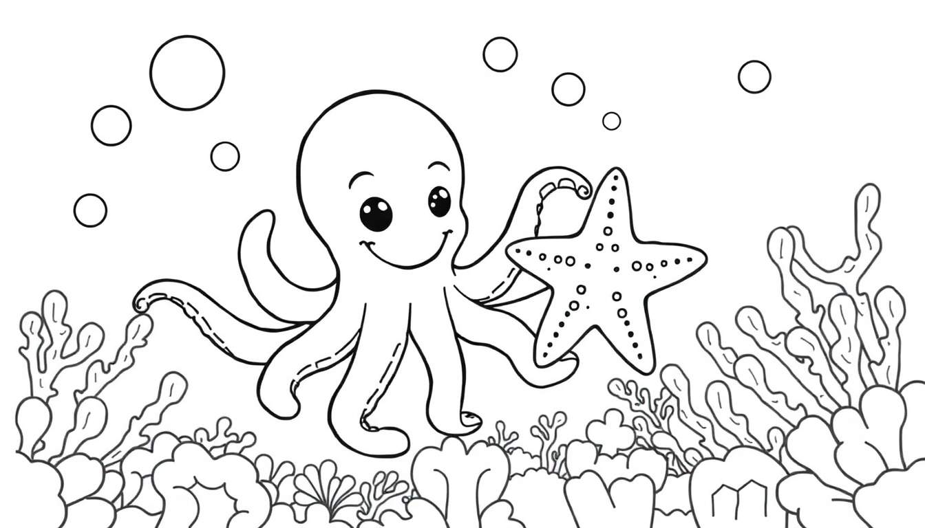 Un pulpo amigable con una estrella de mar en la mano, rodeado de coral y burbujas.