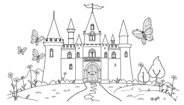 Placa de color de un castillo de fantasía con torres, bandera, camino y mariposas.