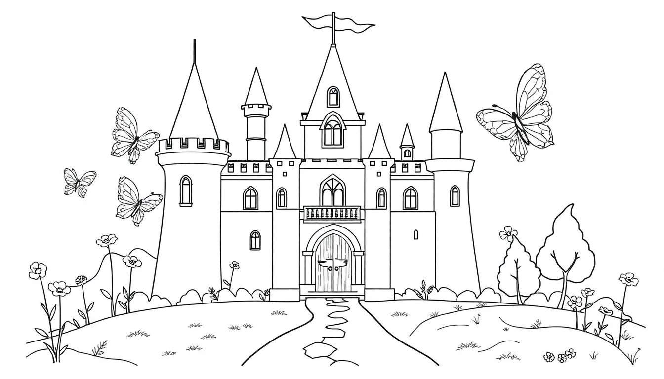 Placa de color de un castillo de fantasía con torres, bandera, camino y mariposas.