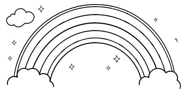 Placa de color: Un arcoíris amigable con nubes y estrellas, listo para colorear.