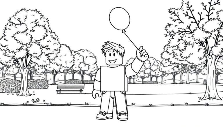 Un personaje de Roblox sonriente en un parque, listo para ser coloreado, con un globo y rodeado de árboles y arbustos en un diseño de placa de color en blanco y negro.