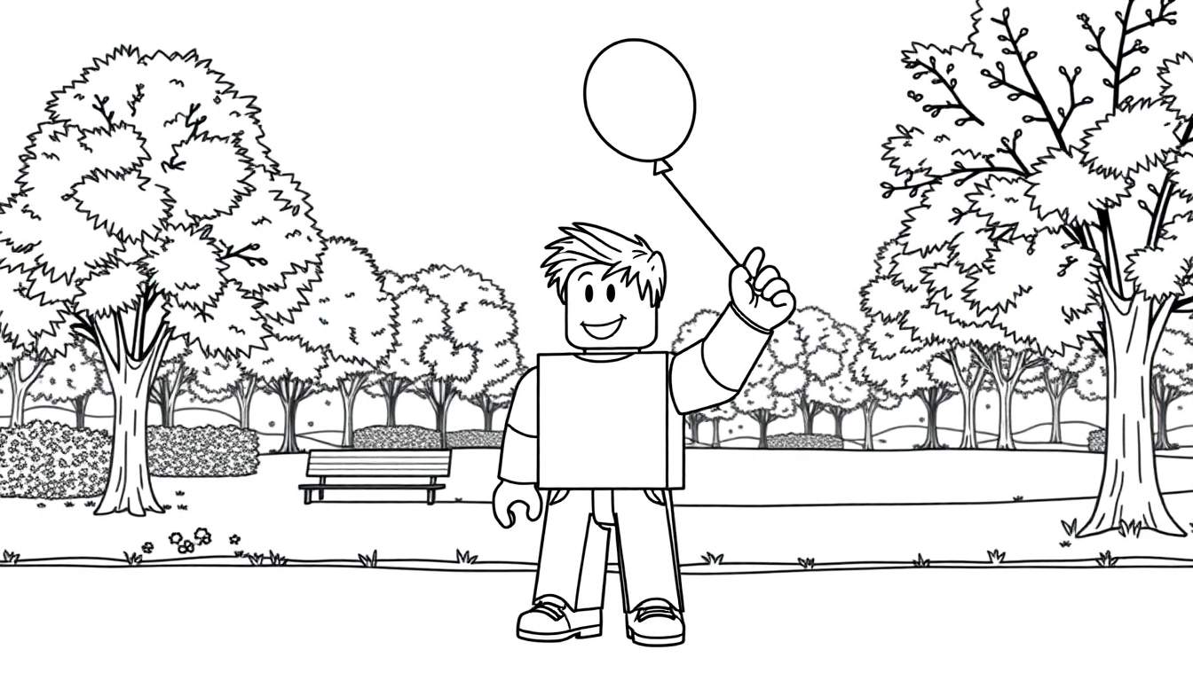 Un personaje de Roblox sonriente en un parque, listo para ser coloreado, con un globo y rodeado de árboles y arbustos en un diseño de placa de color en blanco y negro.