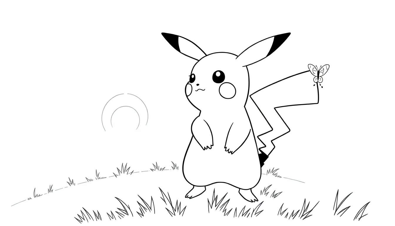 Placa de color de Pikachu con una mariposa en su cola, listo para colorear.
