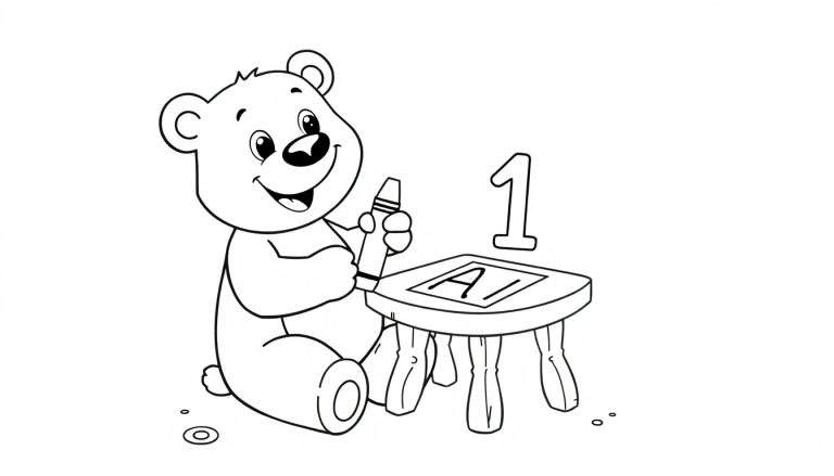 Placa de color de un oso de peluche dibujando la letra 'A' y el número '1'.