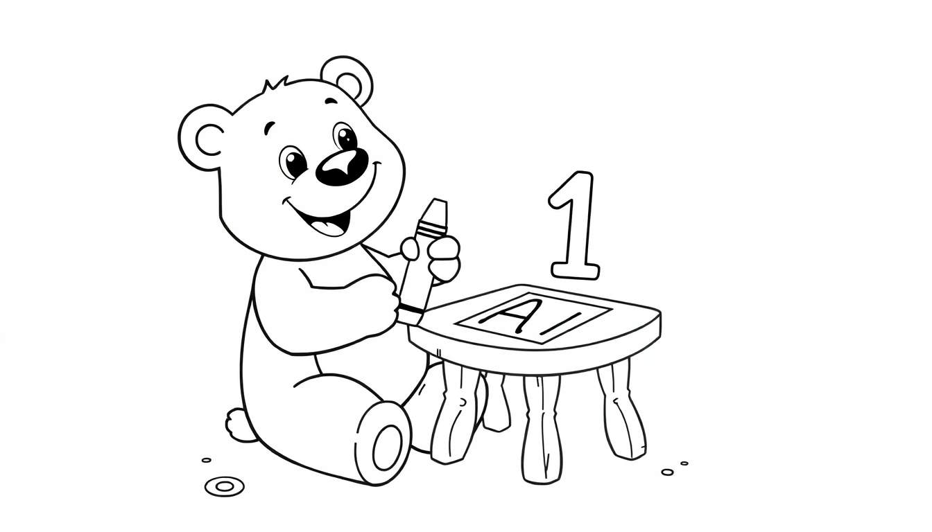 Placa de color de un oso de peluche dibujando la letra 'A' y el número '1'.