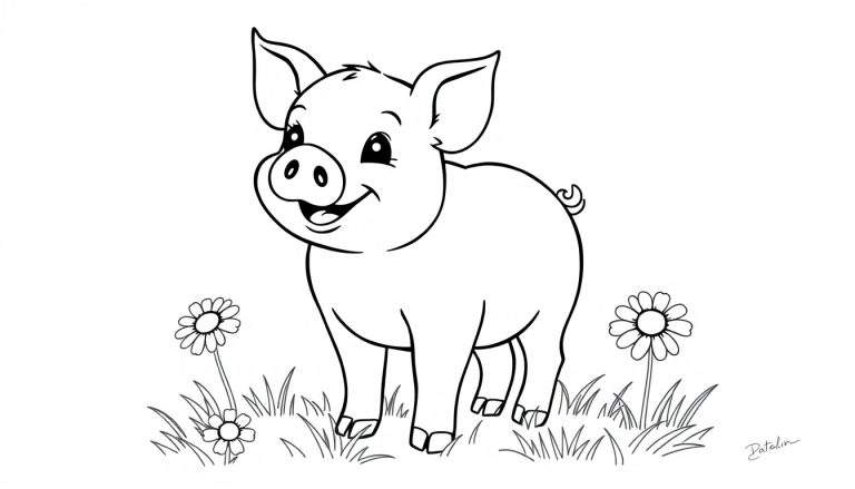 Placa de color de un cerdito sonriente en un jardín con margaritas.