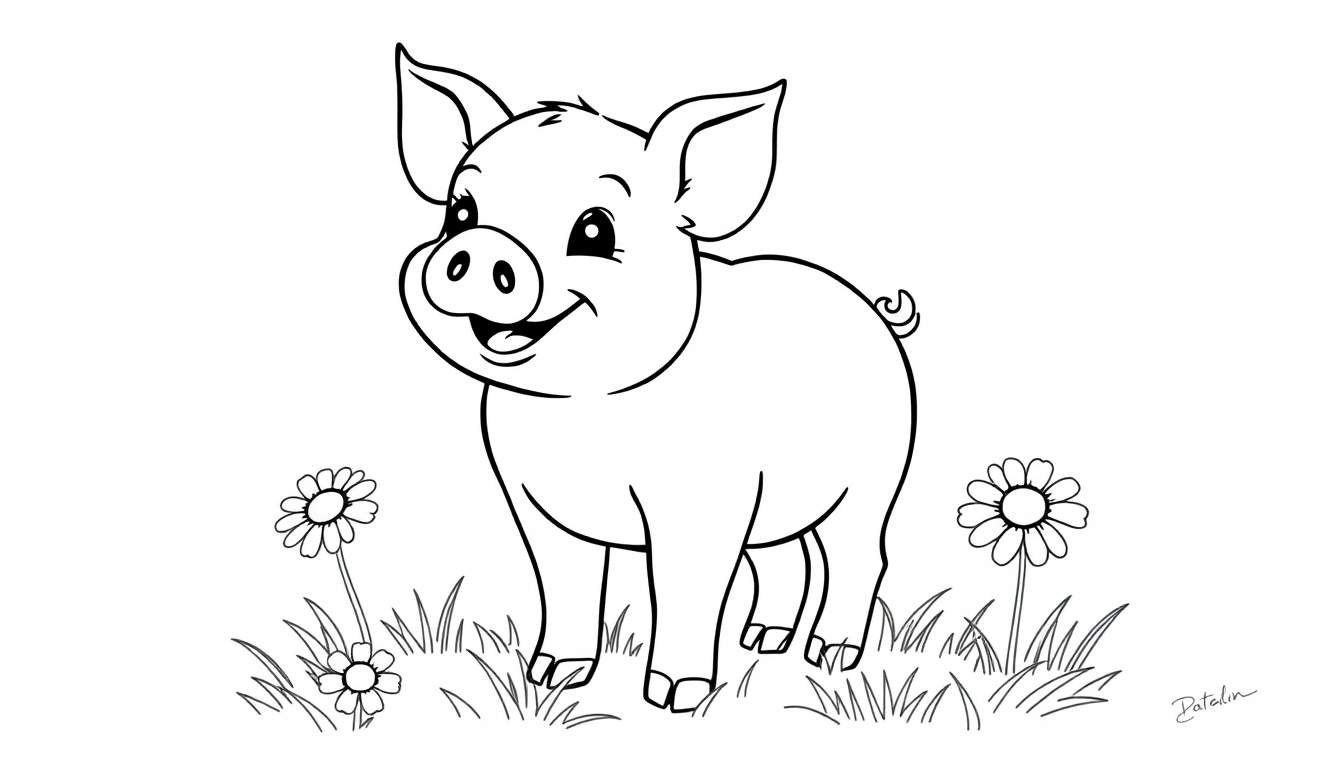 Placa de color de un cerdito sonriente en un jardín con margaritas.