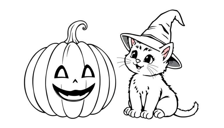 Placa de color de un gatito negro con sombrero de bruja y calabaza de Halloween.