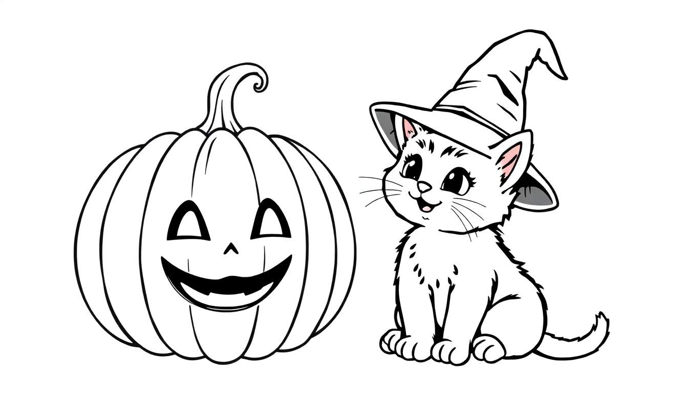 Placa de color de un gatito negro con sombrero de bruja y calabaza de Halloween.