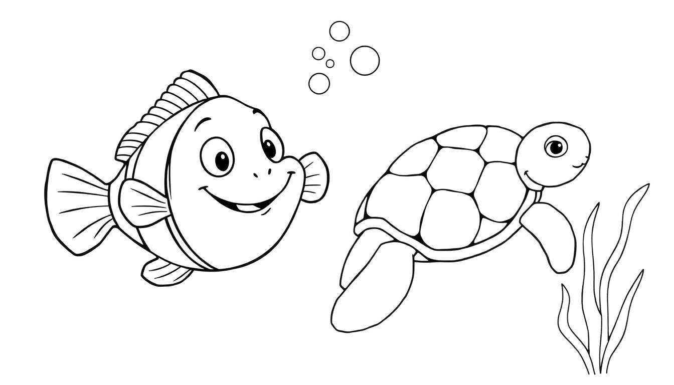 Un dibujo a color para niños de un pez payaso sonriente y una tortuga marina sonriente nadando juntos en el océano.