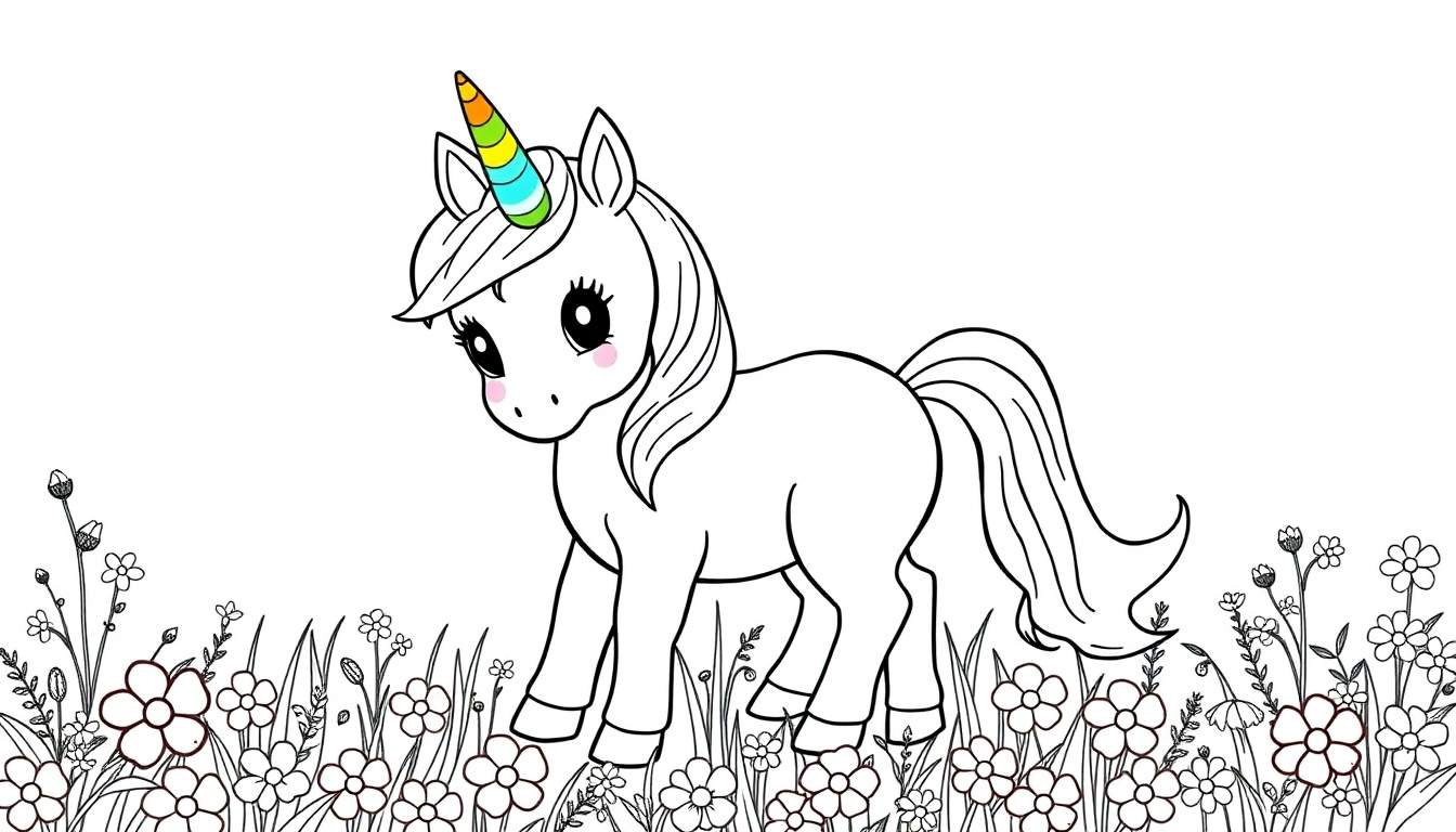 Unicornio blanco de dibujos animados en un prado con flores, comiendo un arcoíris.