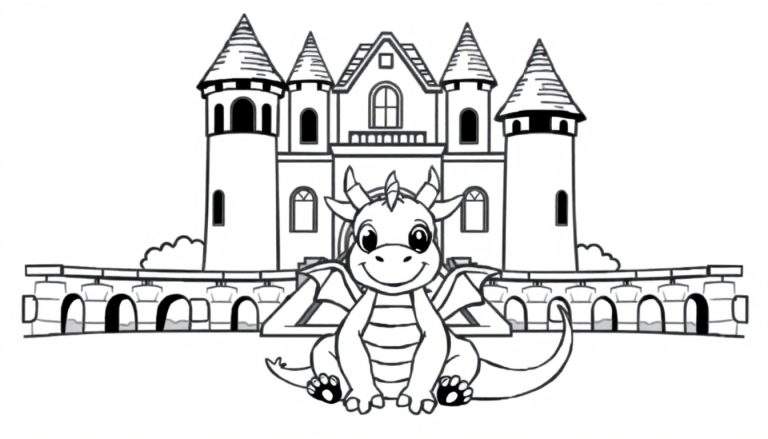 Placa de color de un dragón amigable frente a un castillo.