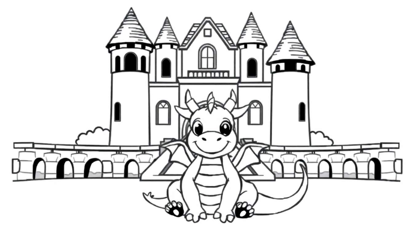 Placa de color de un dragón amigable frente a un castillo.
