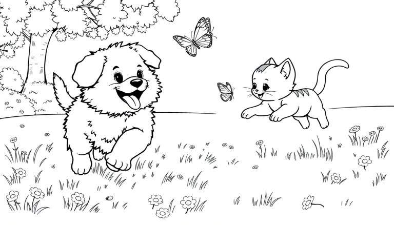 Placa de color con un perrito y un gatito jugando en un campo con flores.