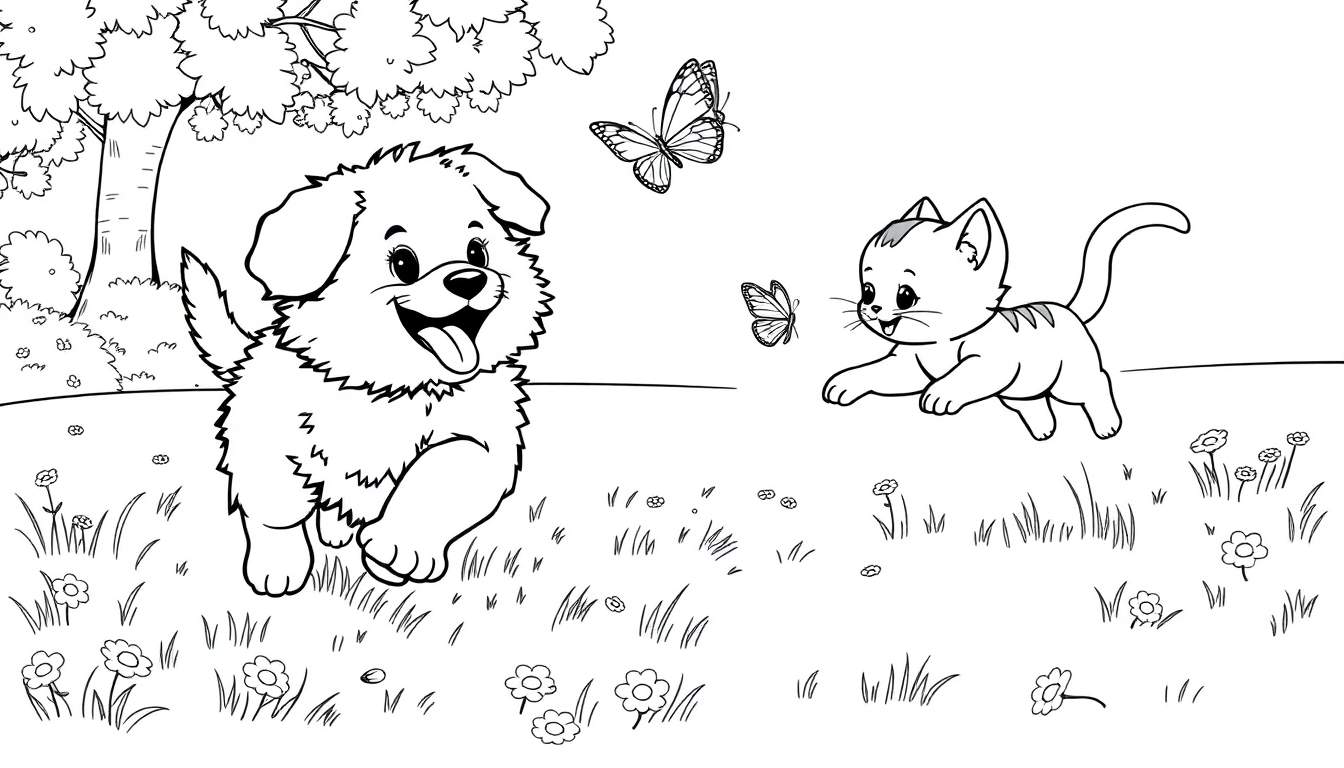 Placa de color con un perrito y un gatito jugando en un campo con flores.