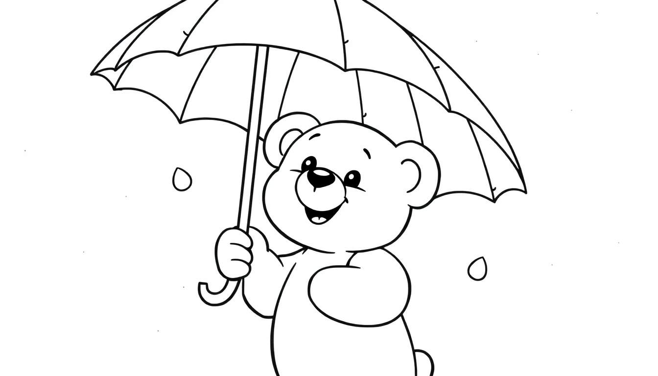 Página para colorear en blanco y negro de un oso de peluche con un paraguas.
