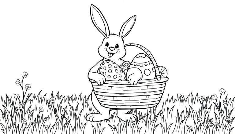 Placa de color: conejito de Pascua alegre con cesta de huevos.