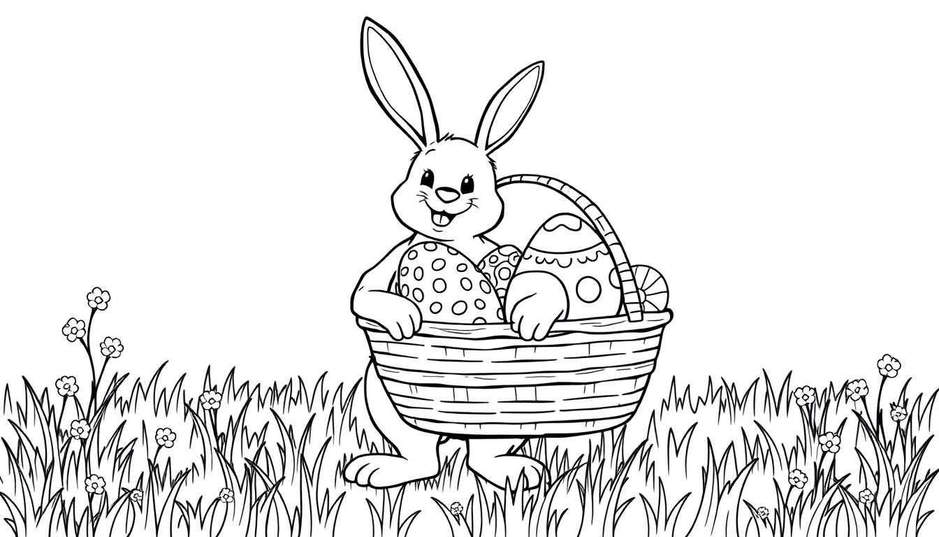 Placa de color: conejito de Pascua alegre con cesta de huevos.