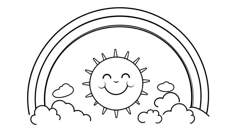 Placa de color de un sol sonriente con nubes y un arcoíris.