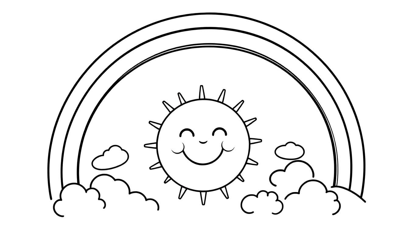 Placa de color de un sol sonriente con nubes y un arcoíris.