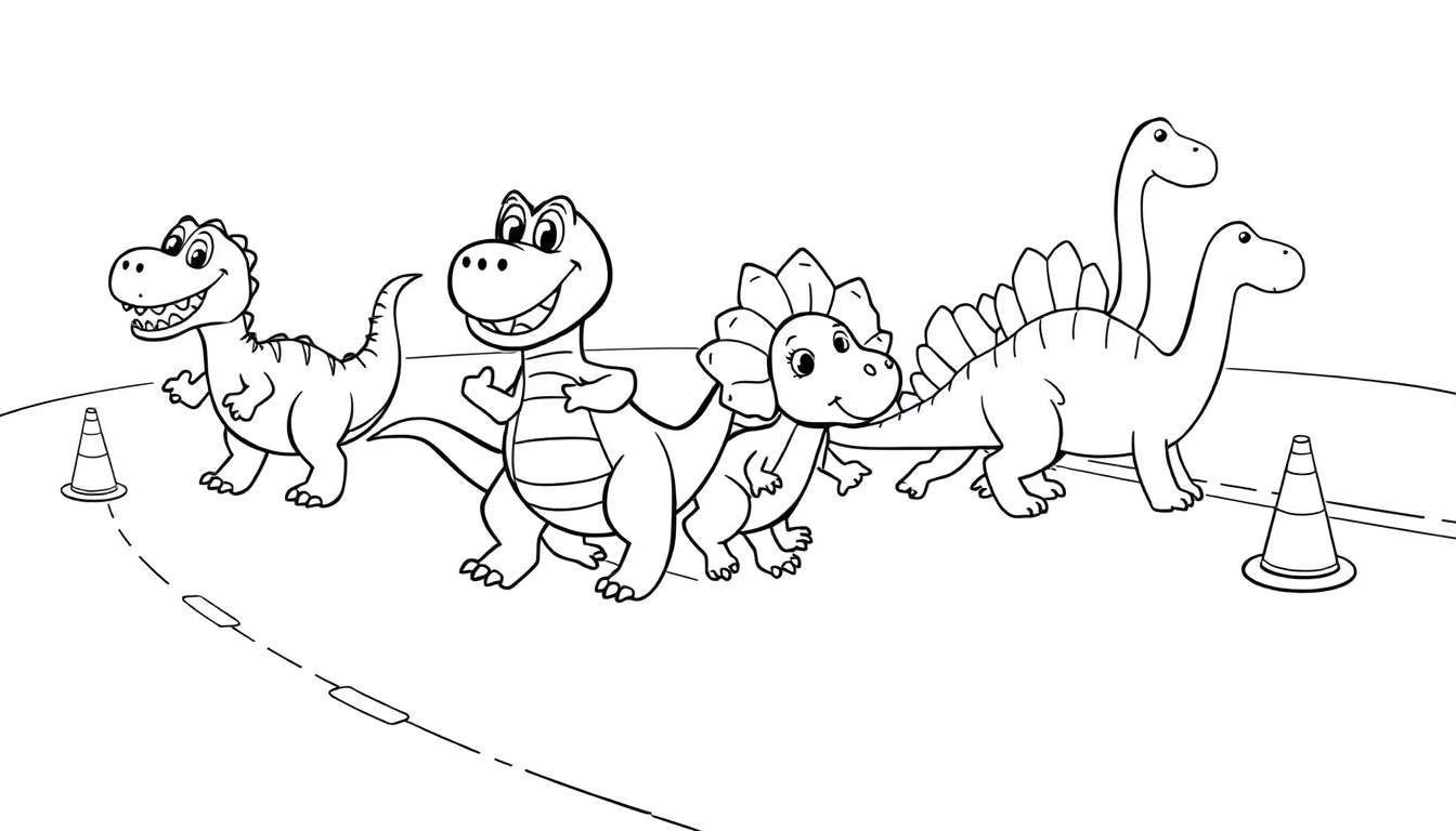 Placa de color con dinosaurios de dibujos animados compitiendo.