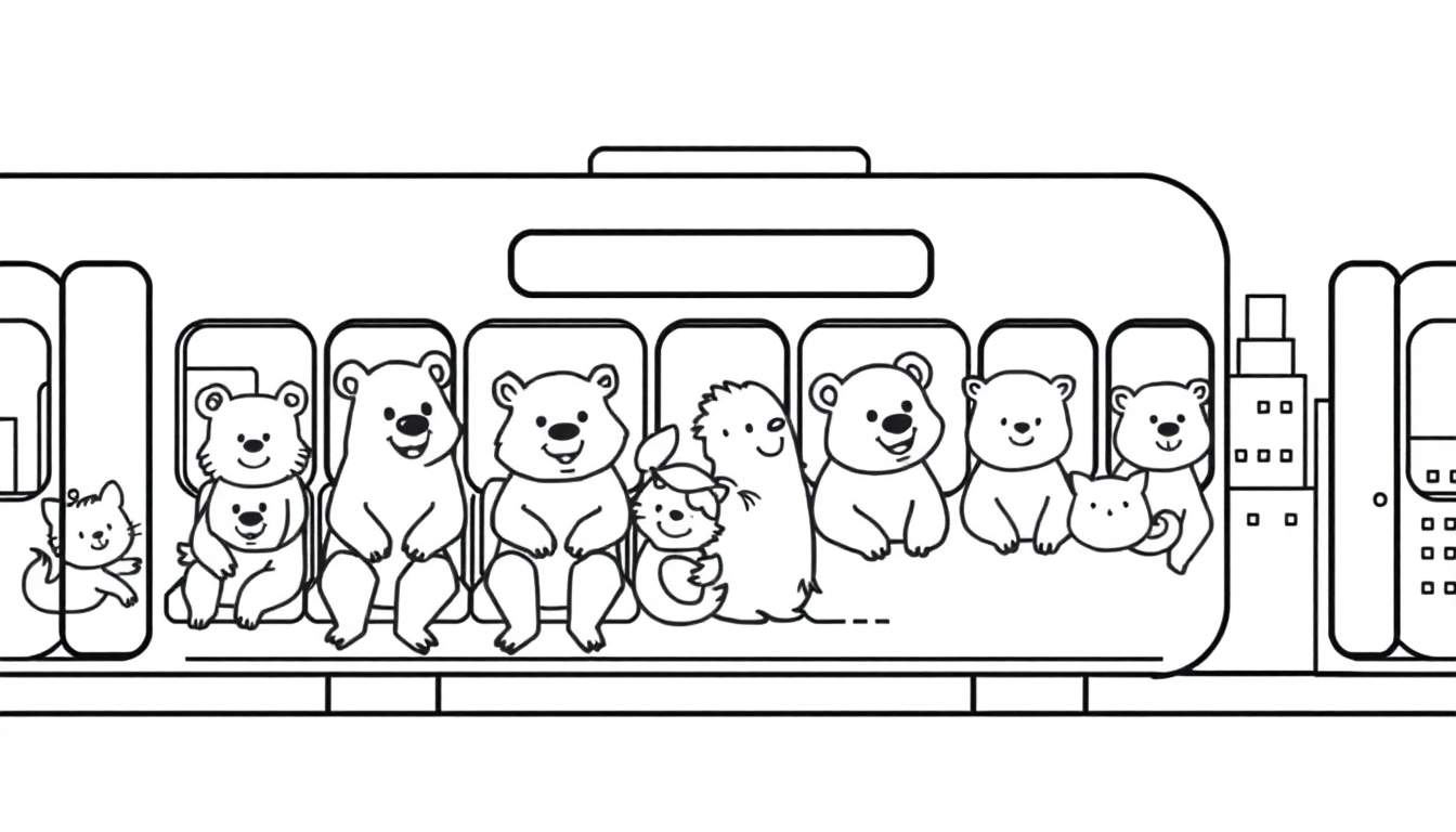 Un dibujo lineal de animales felices viajando en un tren por una ciudad.