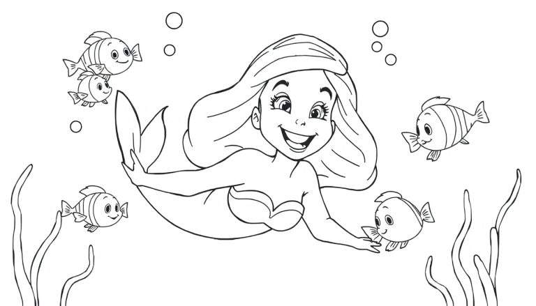 Página para colorear de sirena con peces.