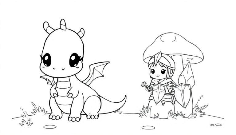 Un pequeño dragón kawaii y un caballero con un escudo y una llave, sentados bajo un hongo, listos para ser coloreados en una placa de color.