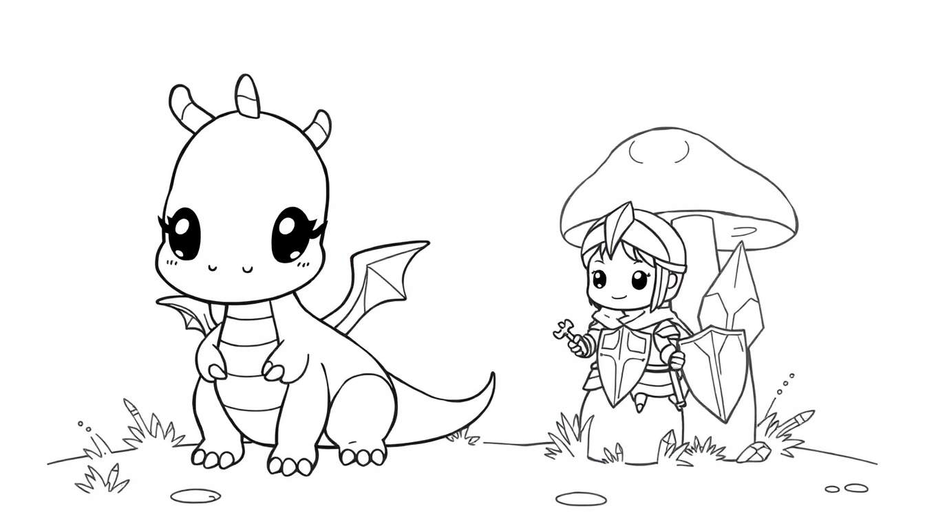 Un pequeño dragón kawaii y un caballero con un escudo y una llave, sentados bajo un hongo, listos para ser coloreados en una placa de color.