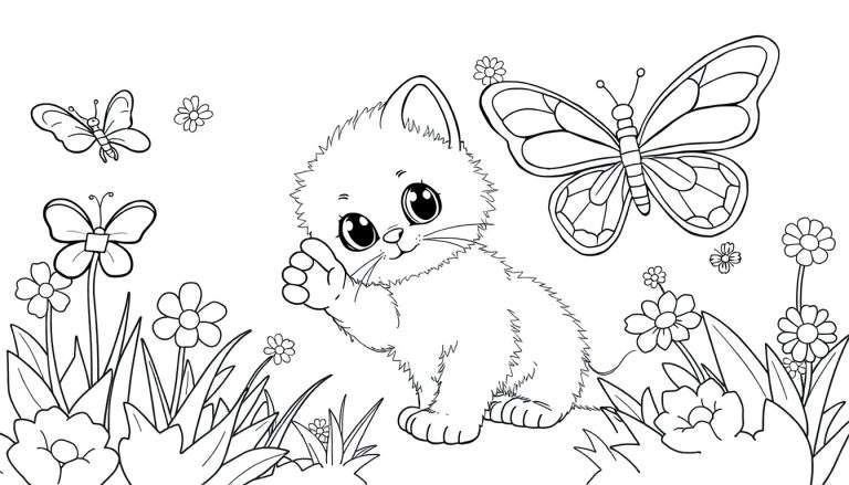 Placa de color de un gatito saludando en un jardín con mariposas.