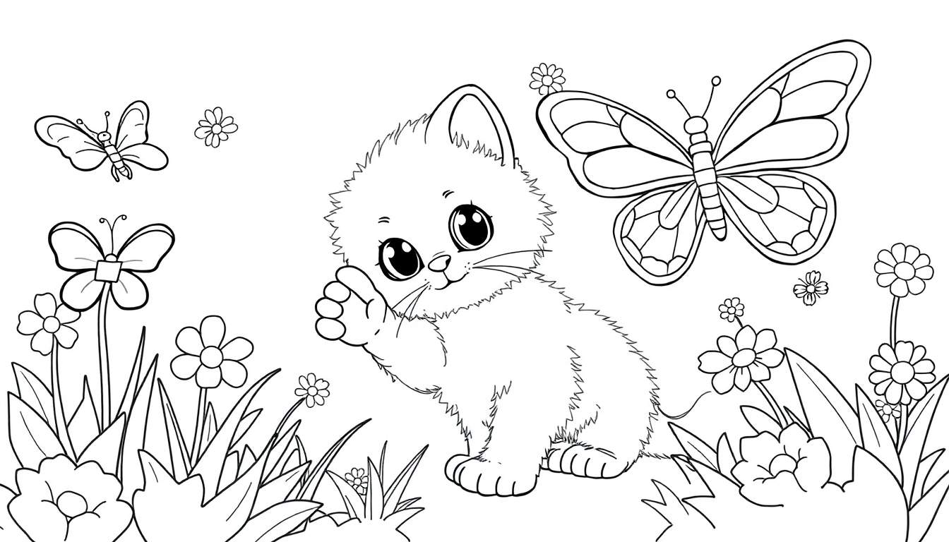 Placa de color de un gatito saludando en un jardín con mariposas.
