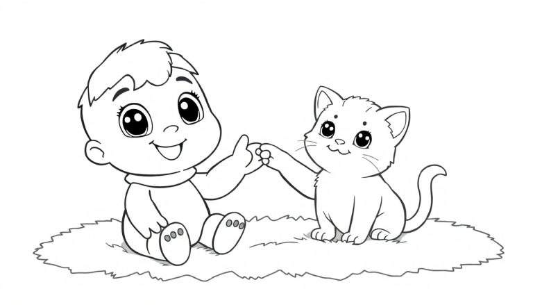 Página para colorear de un personaje de Toca Boca jugando con un gatito, con la palabra 'placa de color'.