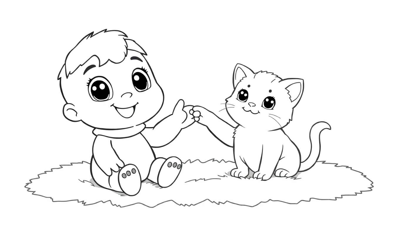 Página para colorear de un personaje de Toca Boca jugando con un gatito, con la palabra 'placa de color'.