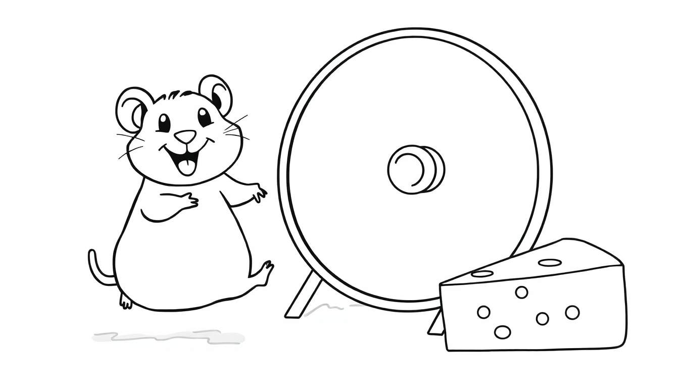 Un hámster de dibujos animados feliz junto a una rueda y un trozo de queso.