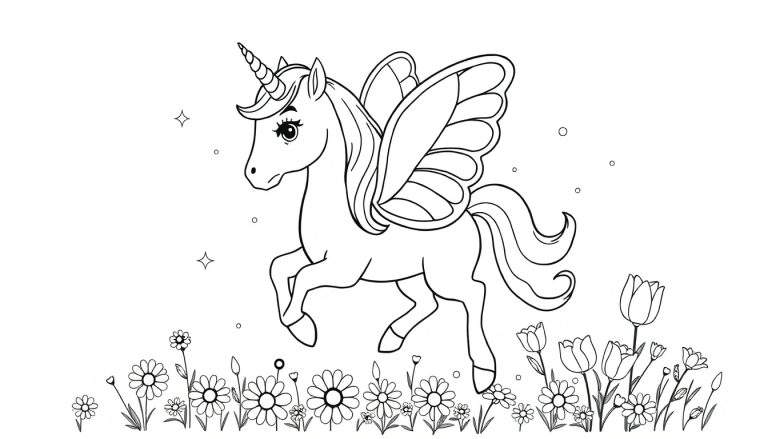 Placa de color de un unicornio alado con alas de mariposa entre flores y estrellas.