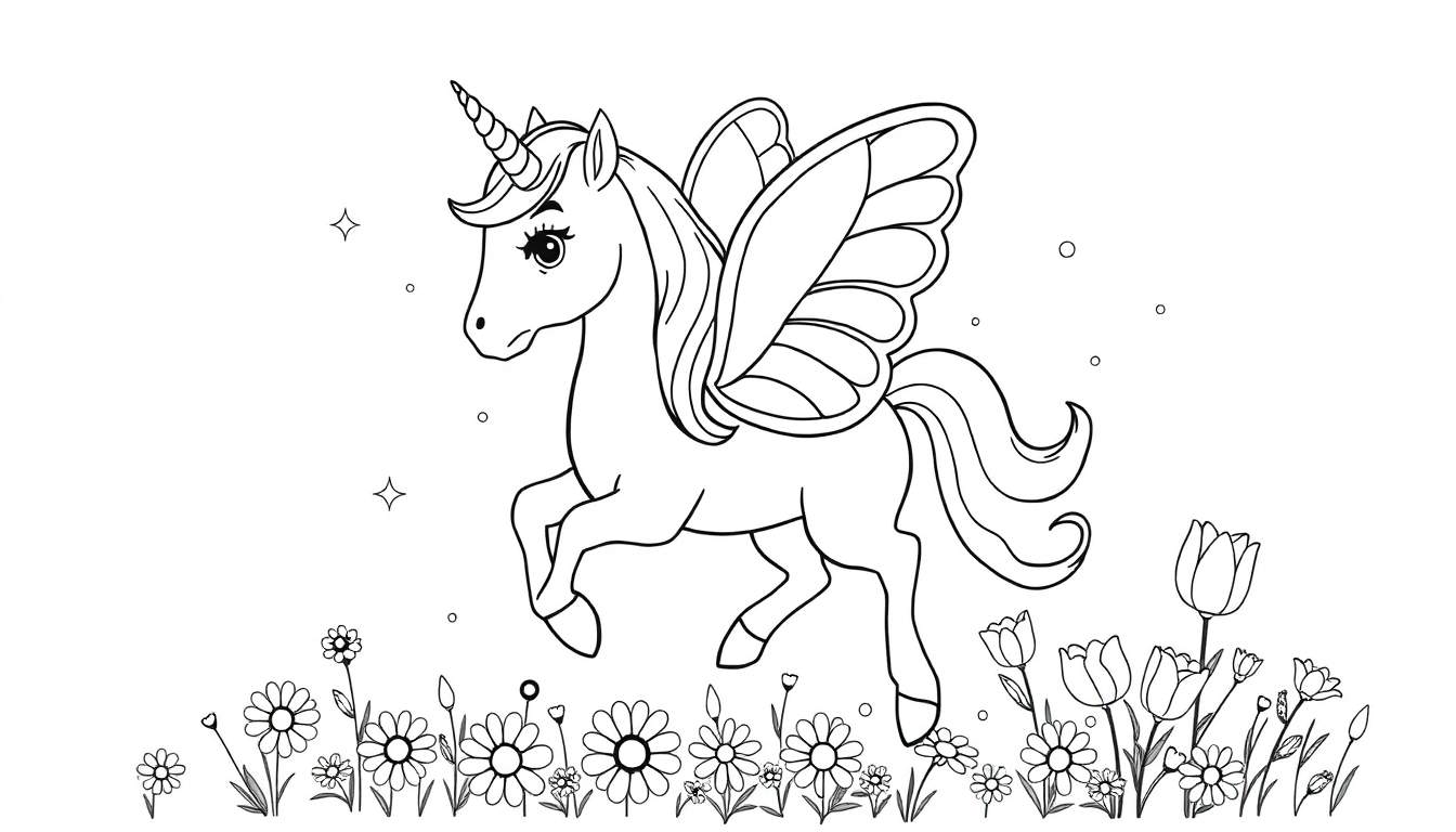 Placa de color de un unicornio alado con alas de mariposa entre flores y estrellas.