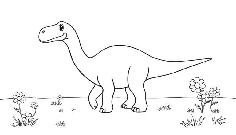Placa de colorear en blanco y negro de un Diplodocus amigable en un prado floral.