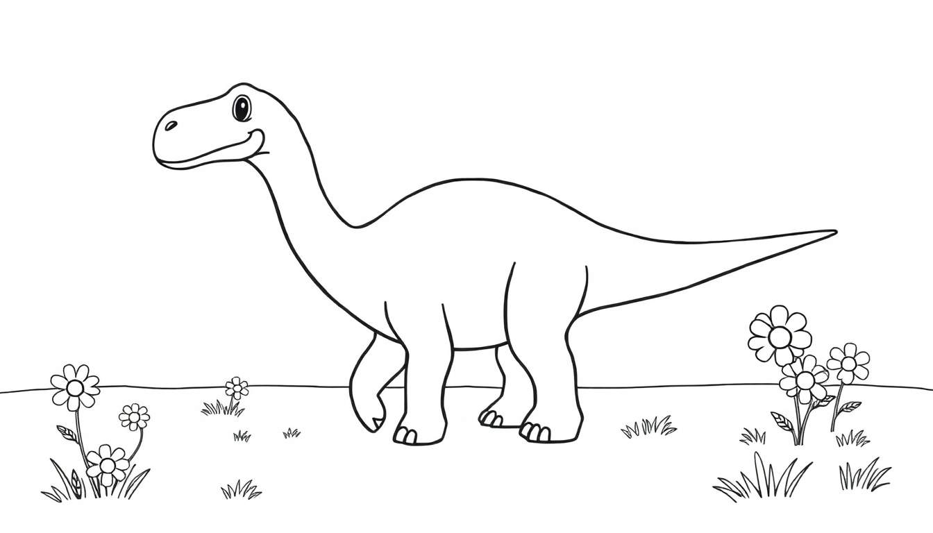Placa de colorear en blanco y negro de un Diplodocus amigable en un prado floral.