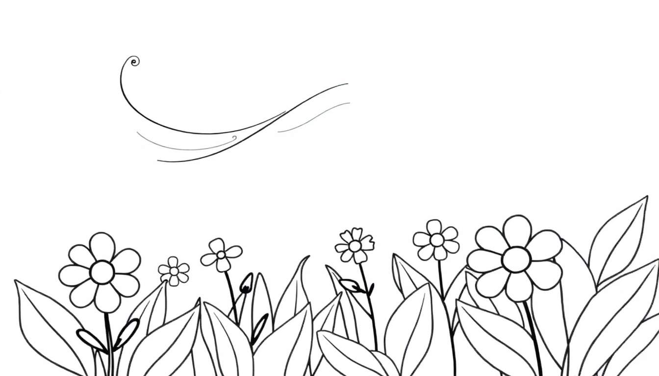 Un dibujo para colorear en blanco y negro de flores y hojas con un remolino de viento. Placa de color.