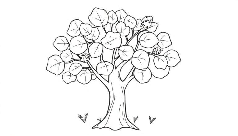 Placa de color de un árbol amigable con hojas redondeadas y mariquitas.
