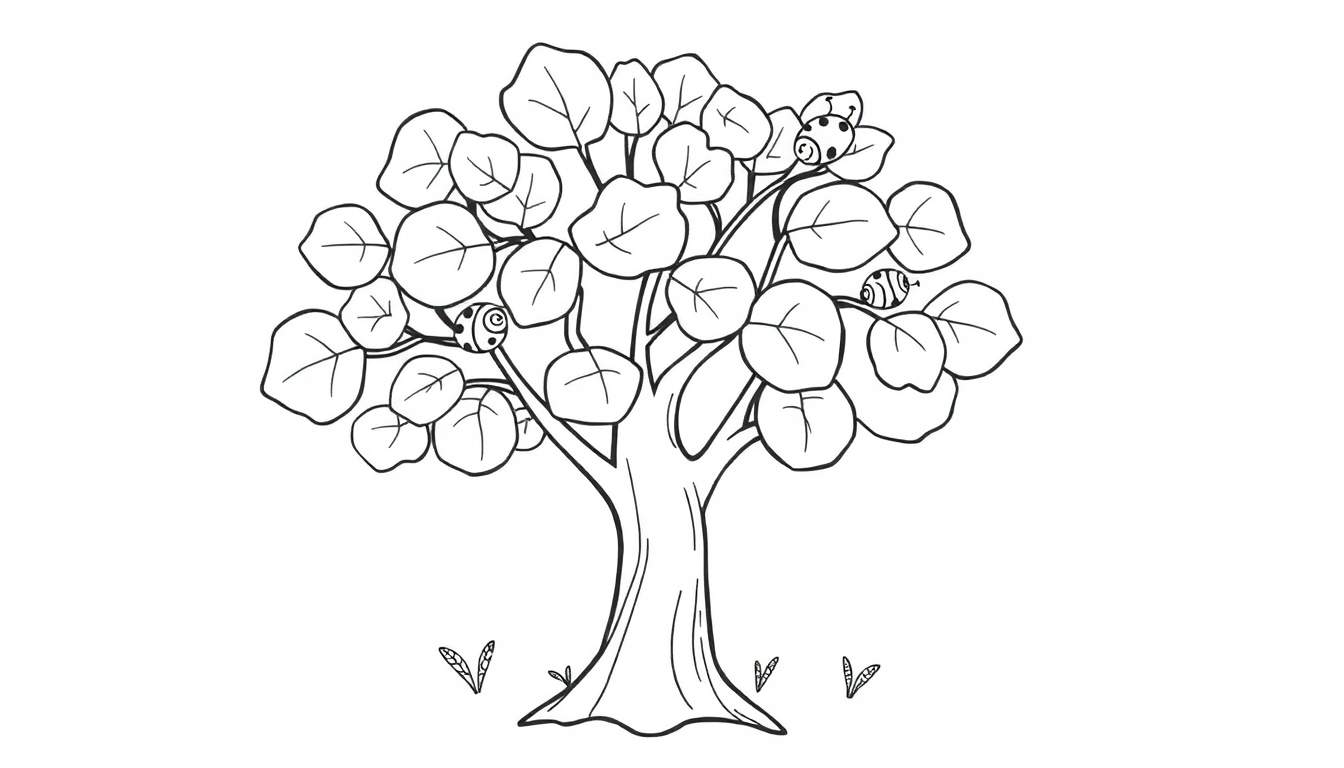 Placa de color de un árbol amigable con hojas redondeadas y mariquitas.