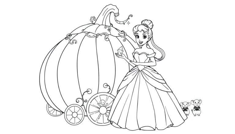 Ilustración de Cenicienta deslumbrante en una página para colorear de placa, con su carruaje de calabaza mágica.