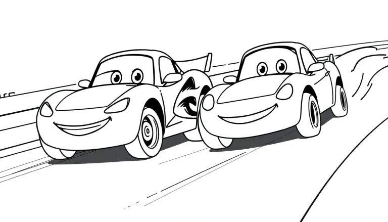 Dos coches de dibujos animados amigables con grandes ojos sonrientes compitiendo en una carretera, ambos con alerones traseros, listos para colorear en una página para colorear de la placa de color.